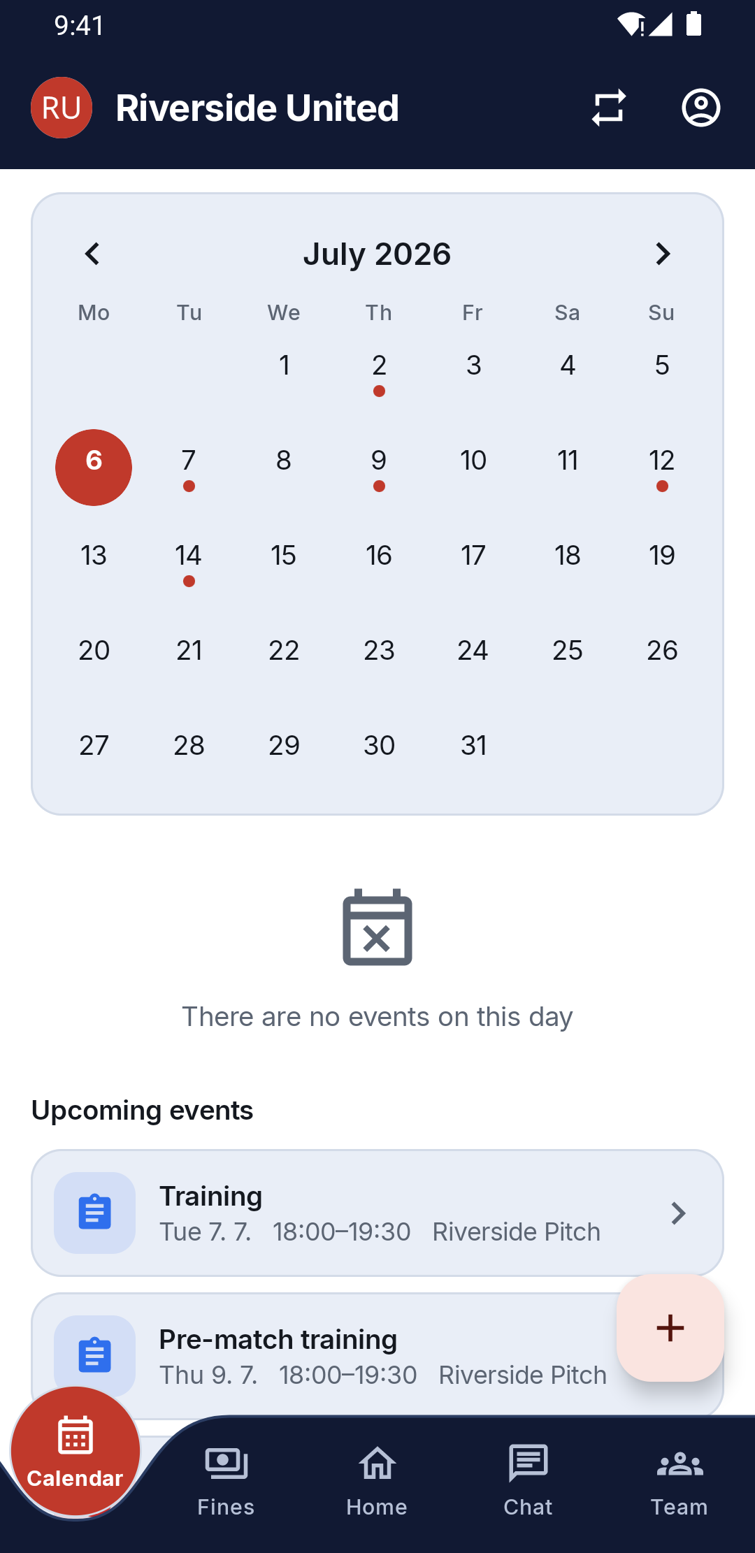 Calendar with training and matches
