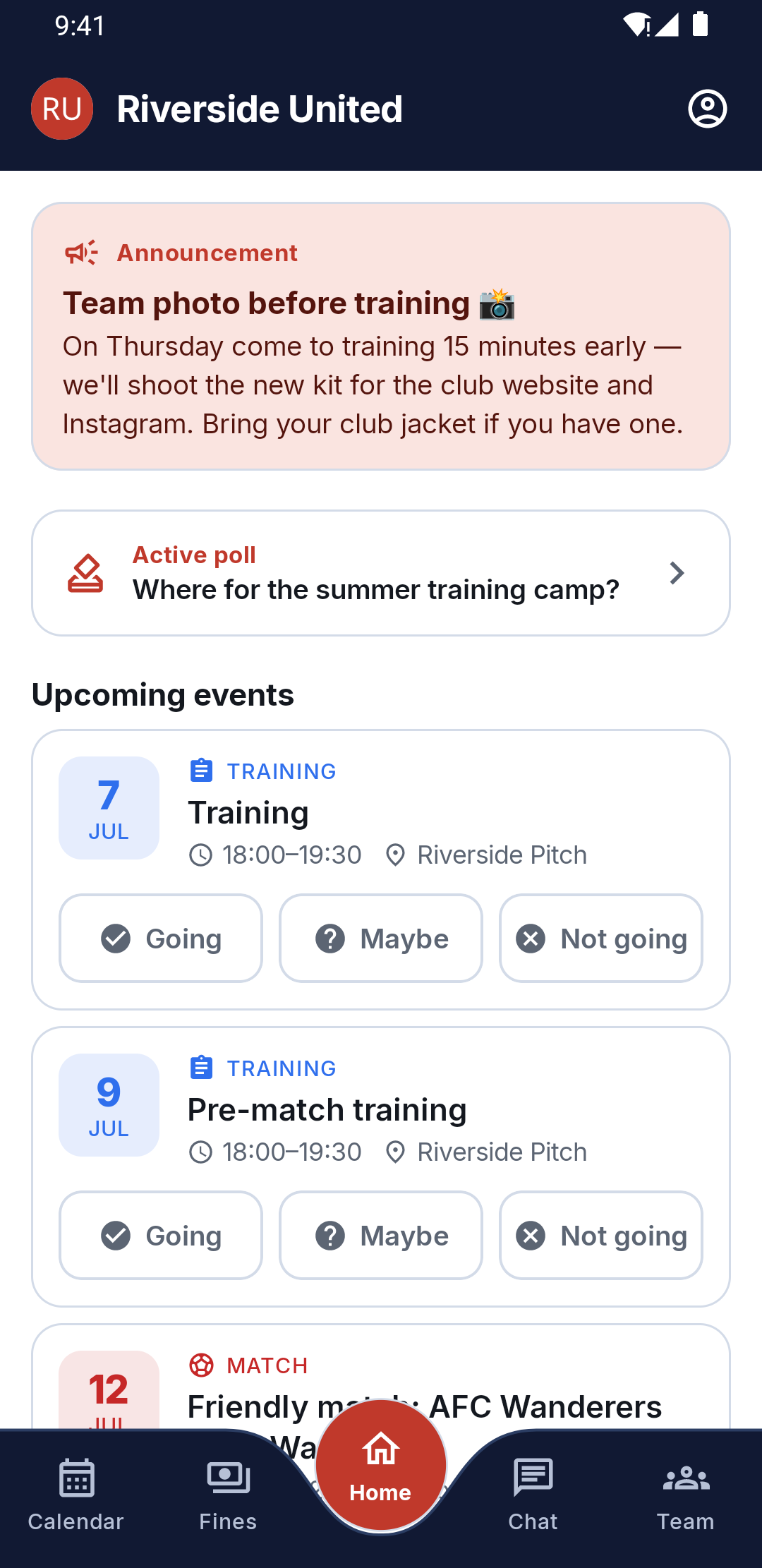 Kabina home screen with upcoming events