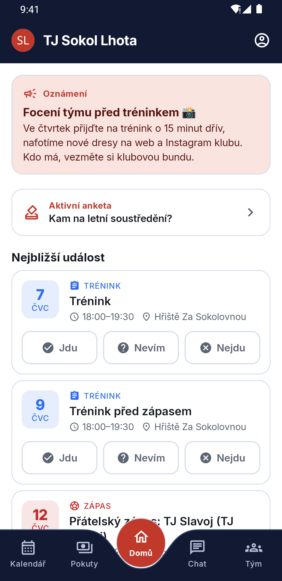 Domovská obrazovka aplikace Kabina s nejbližšími akcemi